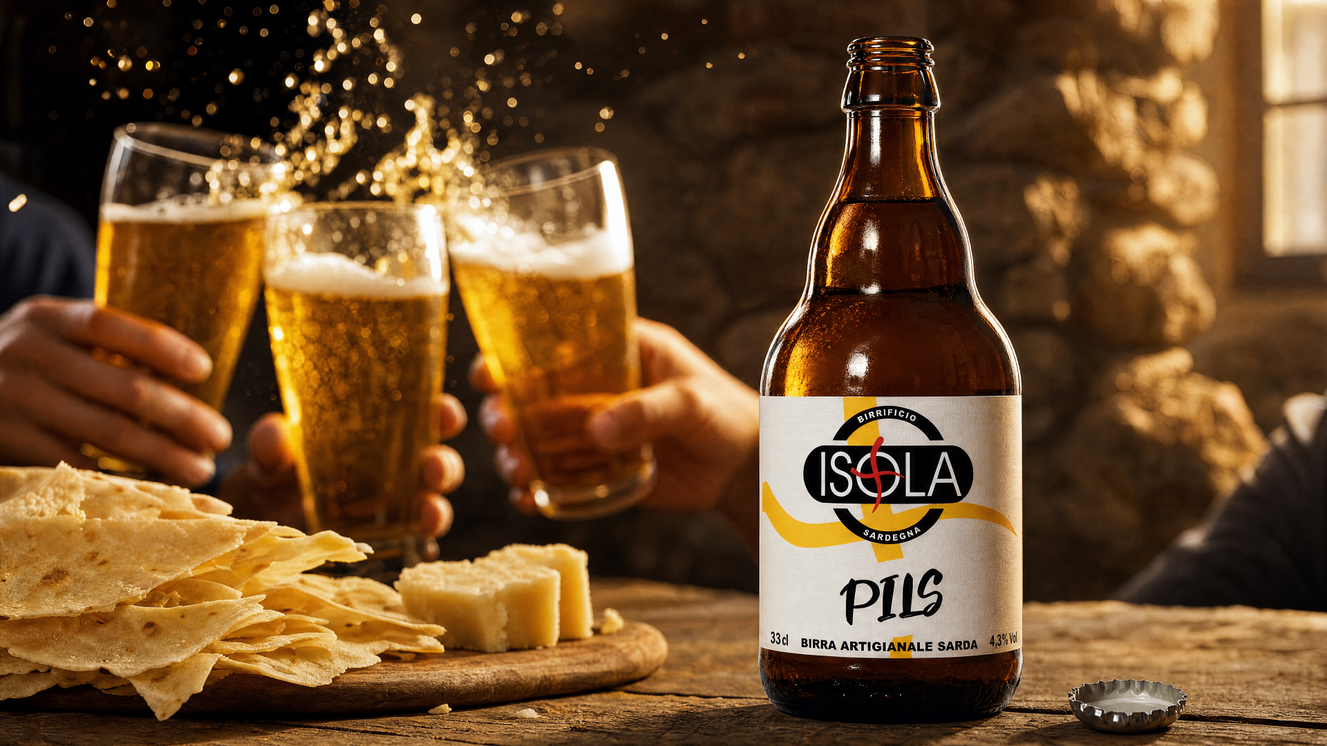 Brindisi con birra Isola Pils, pane carasau e pecorino sardo in una cantina in pietra