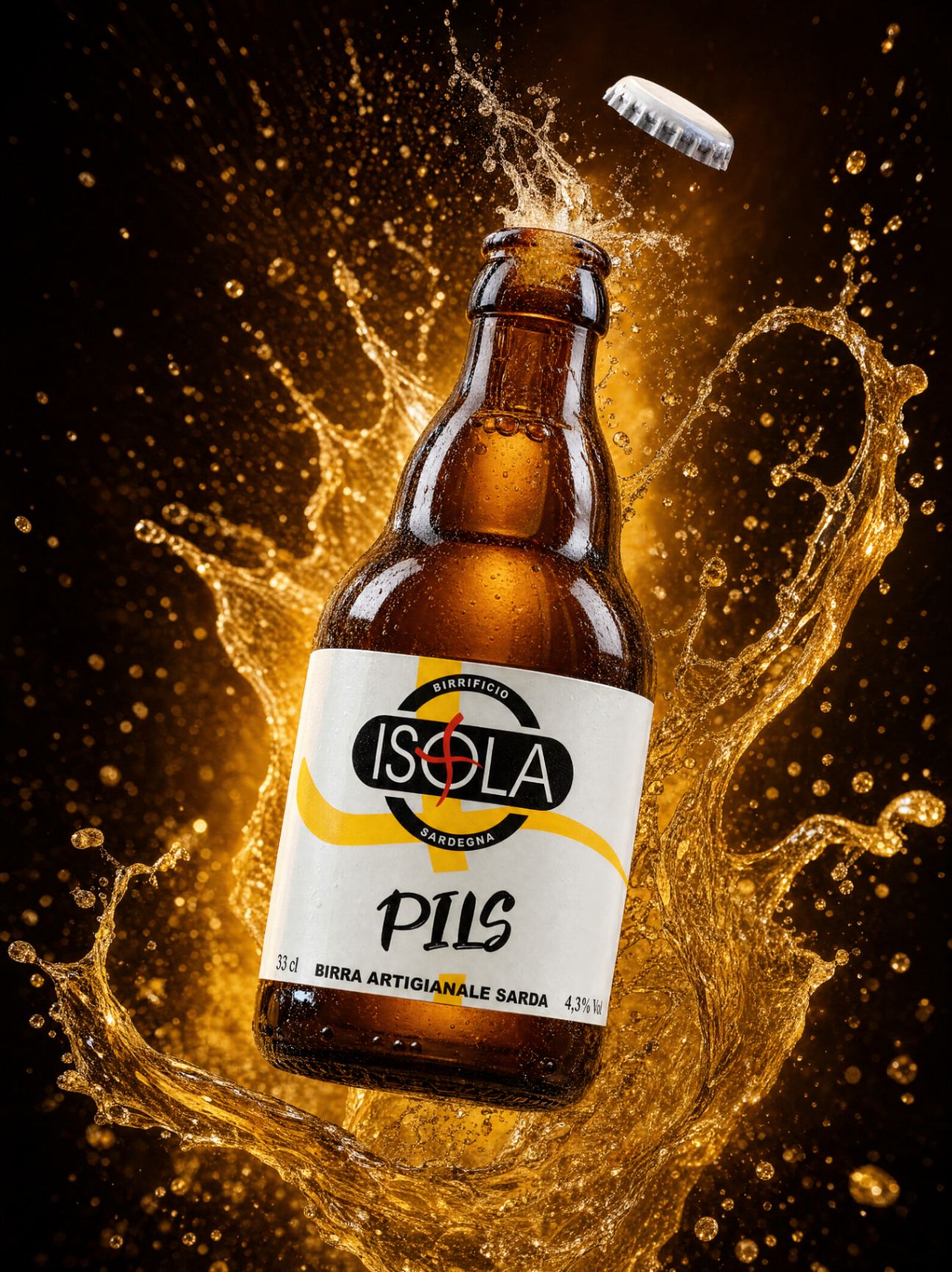 Bottiglia di birra Isola Pils artigianale sarda con splash dorato e tappo che salta